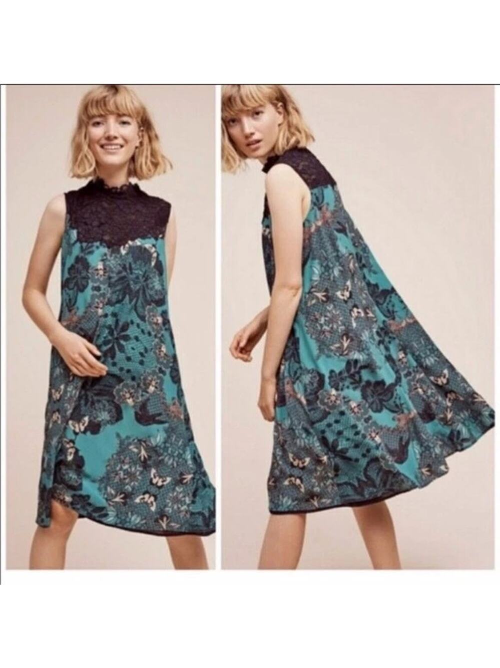 Anthropologie Maeve Teal Butterfly Lace Swing Dress High Neck Print SZ XS Preppy
